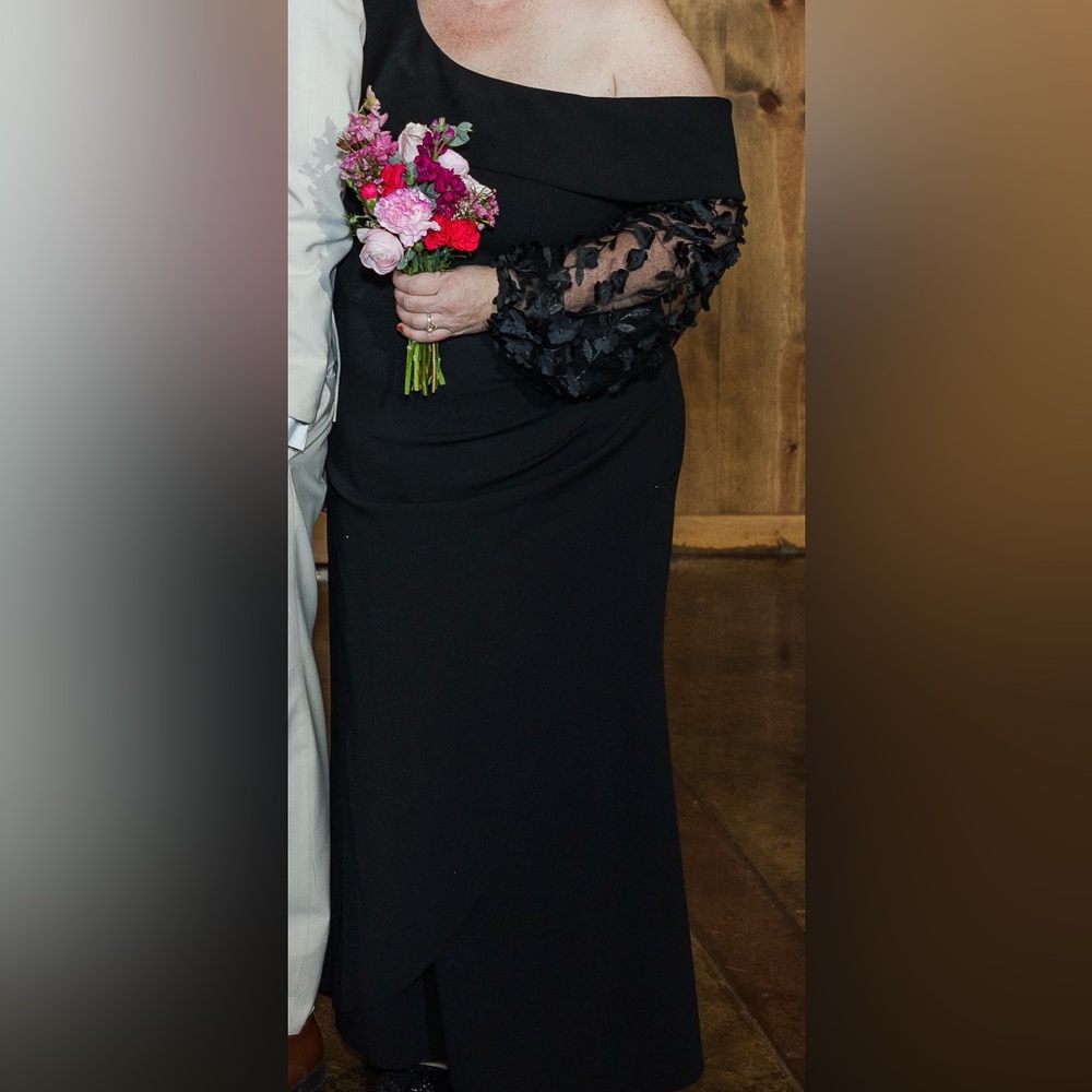 Xscape Black One-Shoulder Dress with Sheer Lace Sleeves - Picture 4 of 4